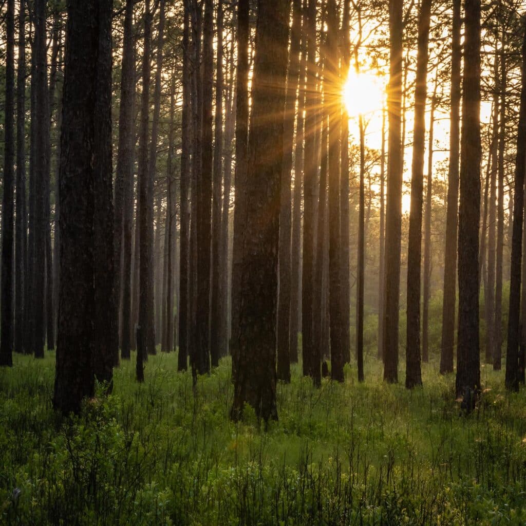 Light shining through trees in a NC forest
