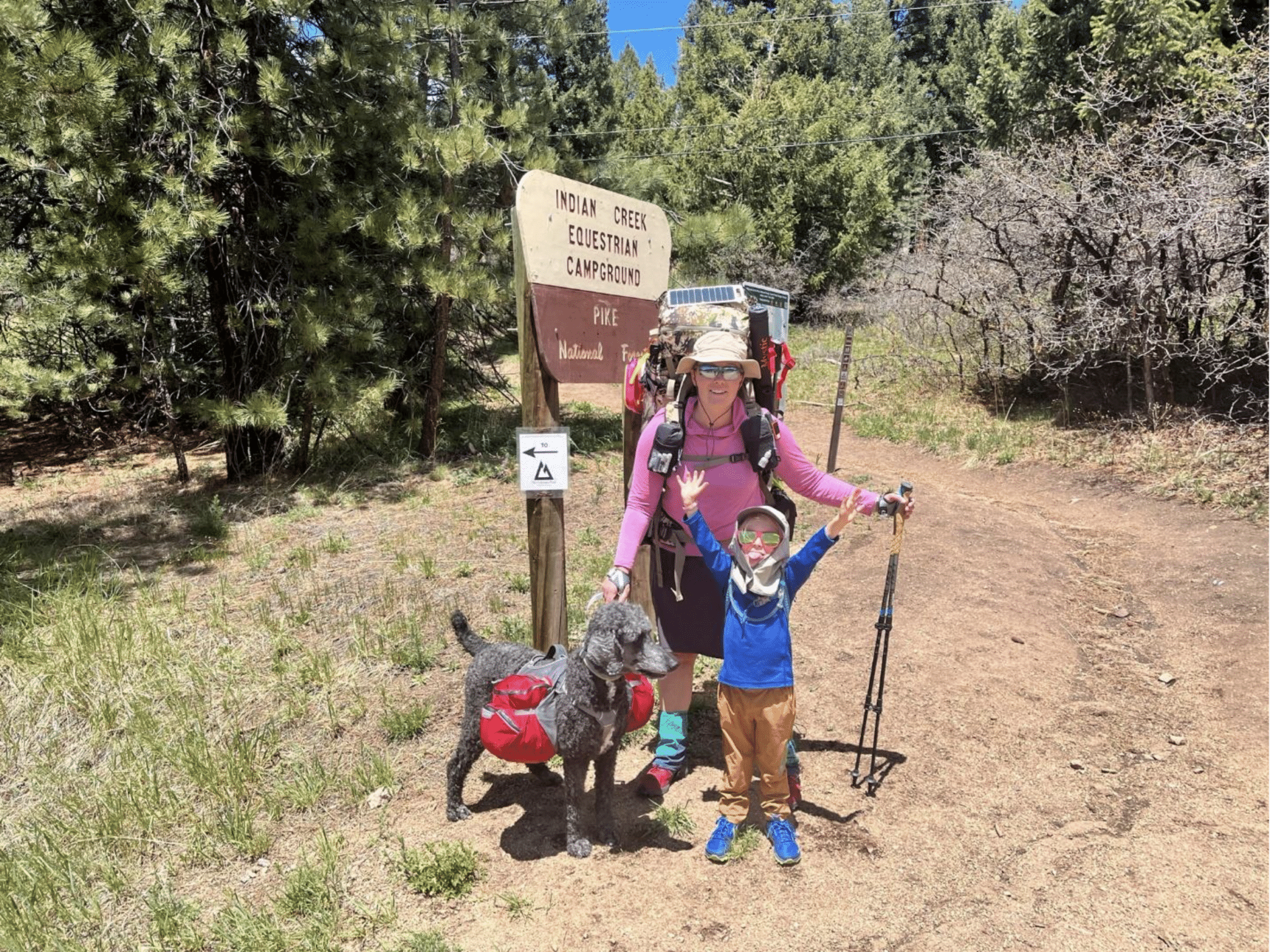 Jennifer D with a dog and kiddo on a section of the Colorado Trail.