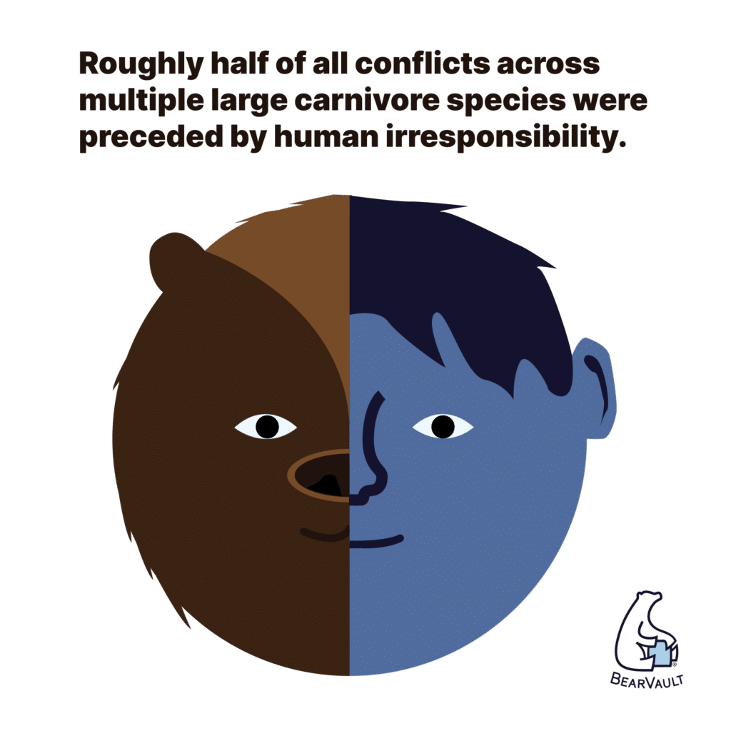 A graphic depicting a split human and bear face.