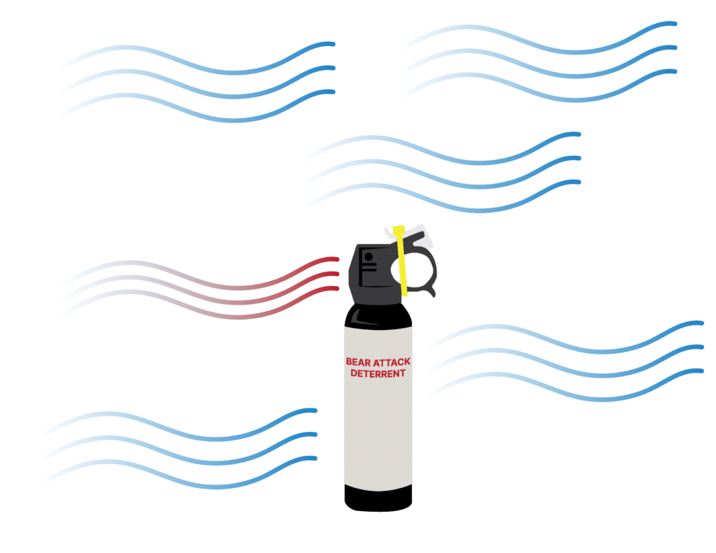A graphic depicting a bear spray canister in the wind.