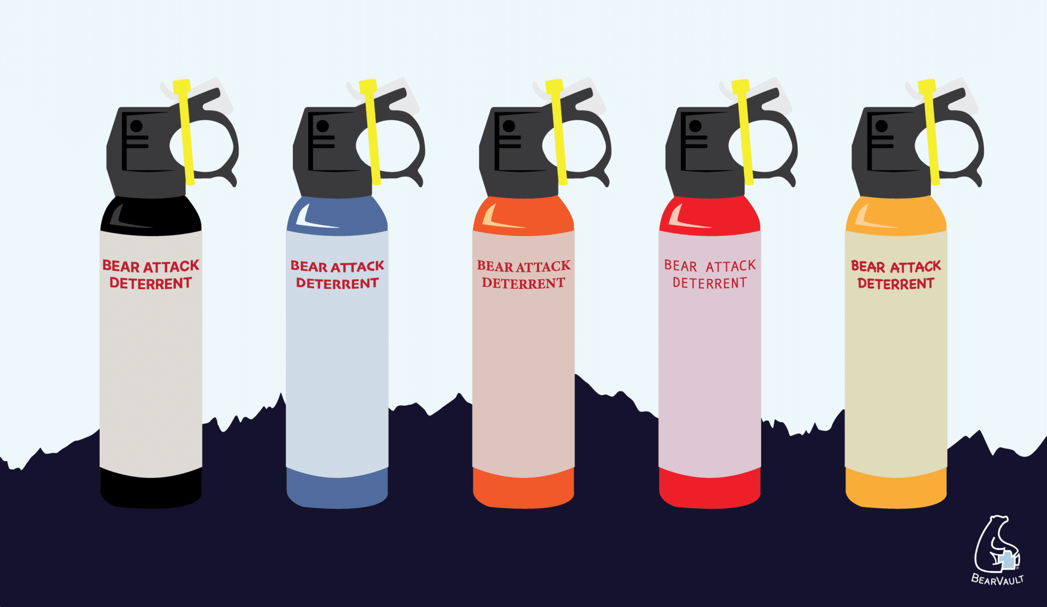 A graphic depicting a line-up of different colored bear sprays.