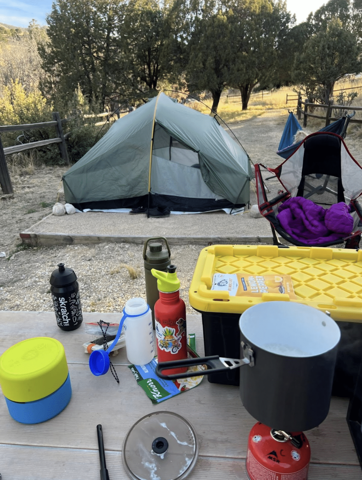 Cooking equipment out on the table in a southwestern front country campground.
