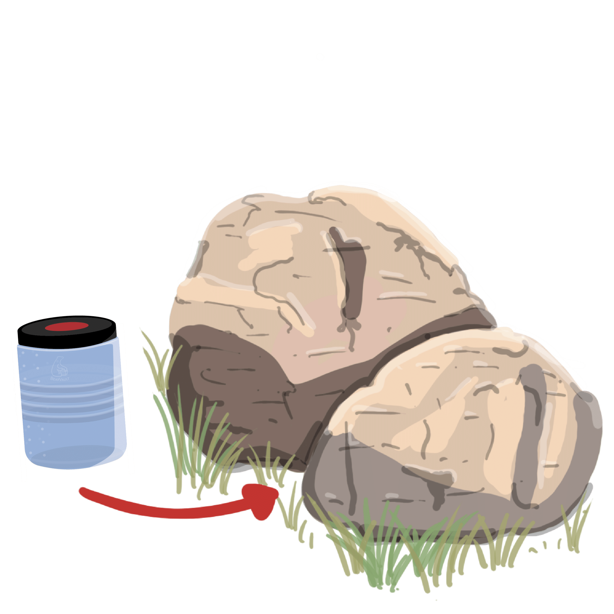 An illustration of a BearVault and boulders.