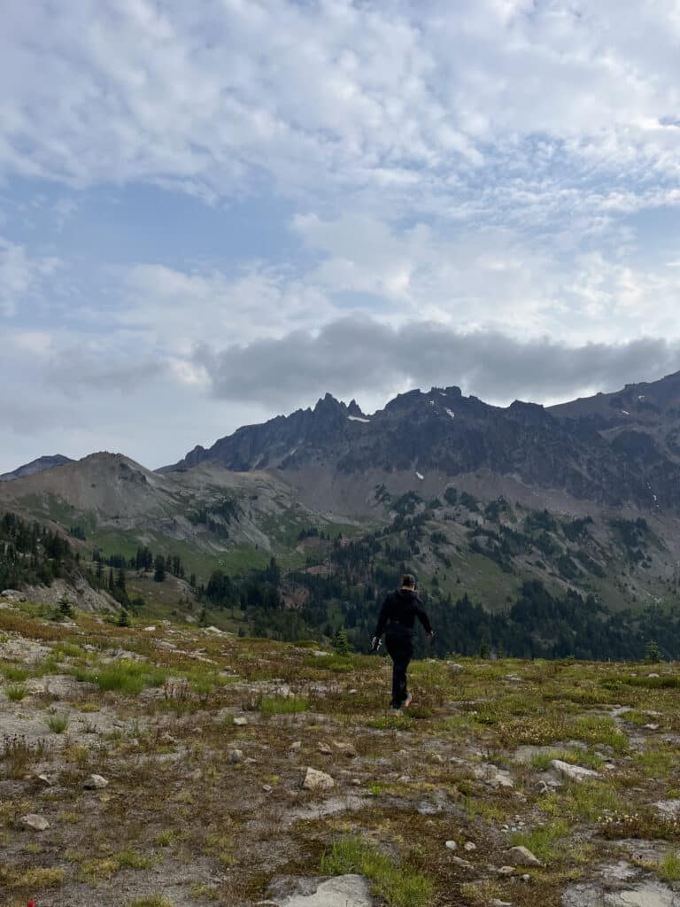 PCT Hiker looking at the mountains along the trail.