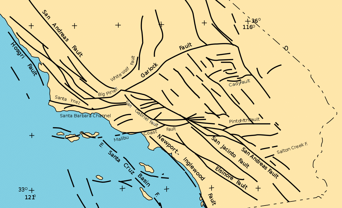 A simplified map of fault lines in Southern California.
