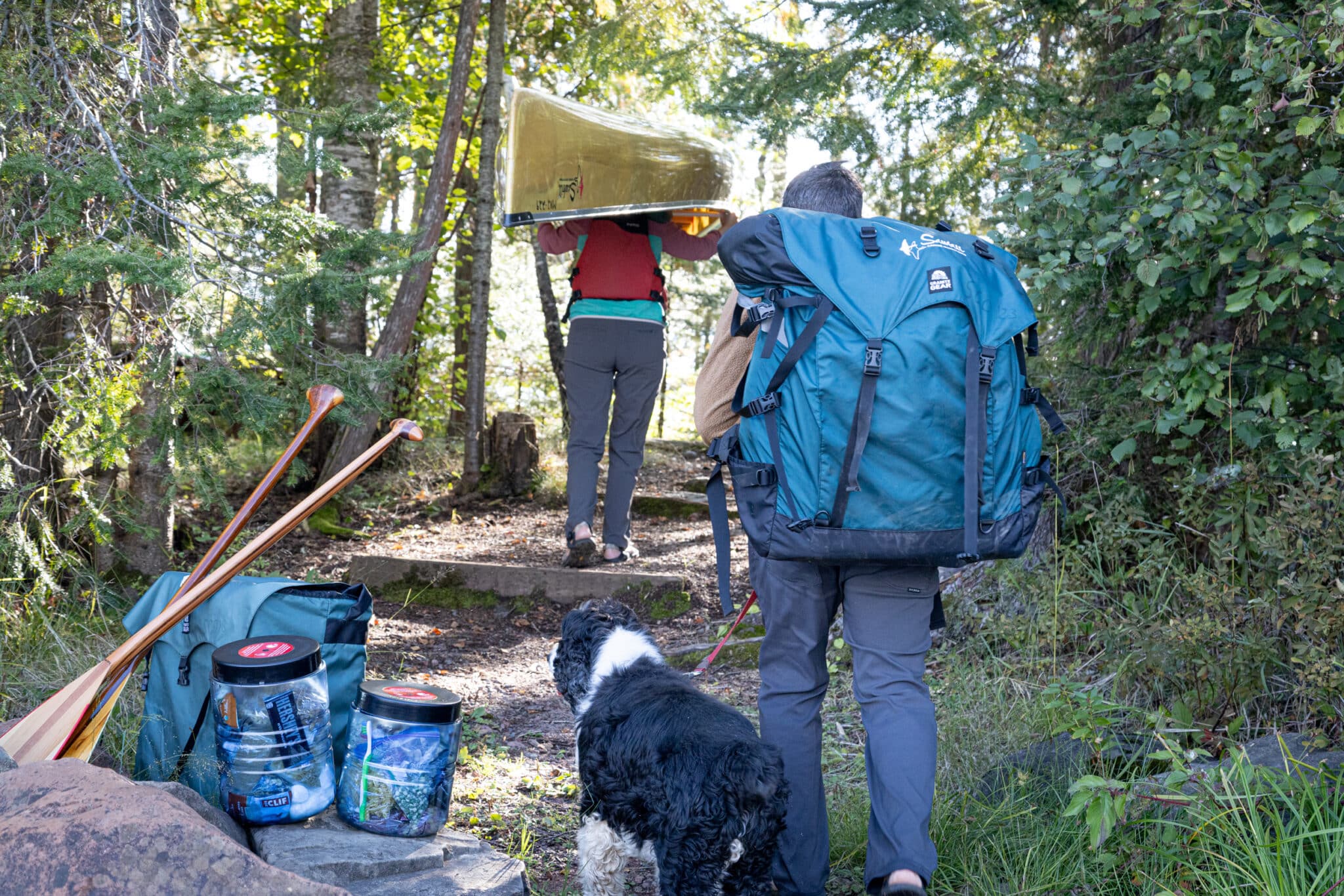 A man with a dog walks up a canoe portage trail carrying a large portage pack on his packs